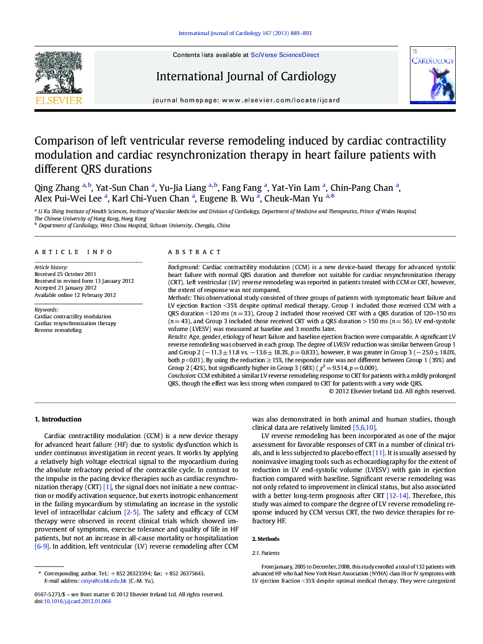 Comparison of left ventricular reverse remodeling induced by cardiac contractility modulation and cardiac resynchronization therapy in heart failure patients with different QRS durations