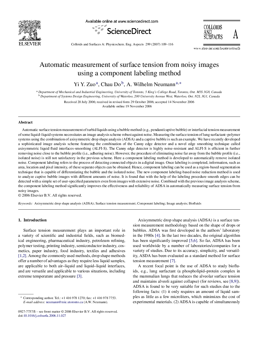 Automatic measurement of surface tension from noisy images using a component labeling method