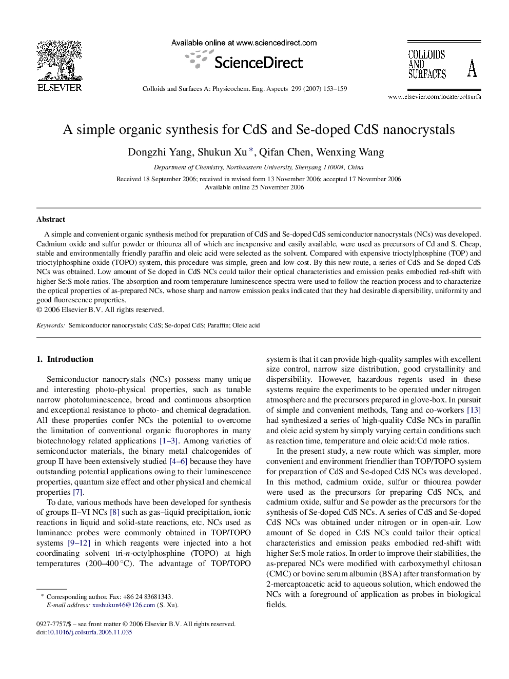 A simple organic synthesis for CdS and Se-doped CdS nanocrystals