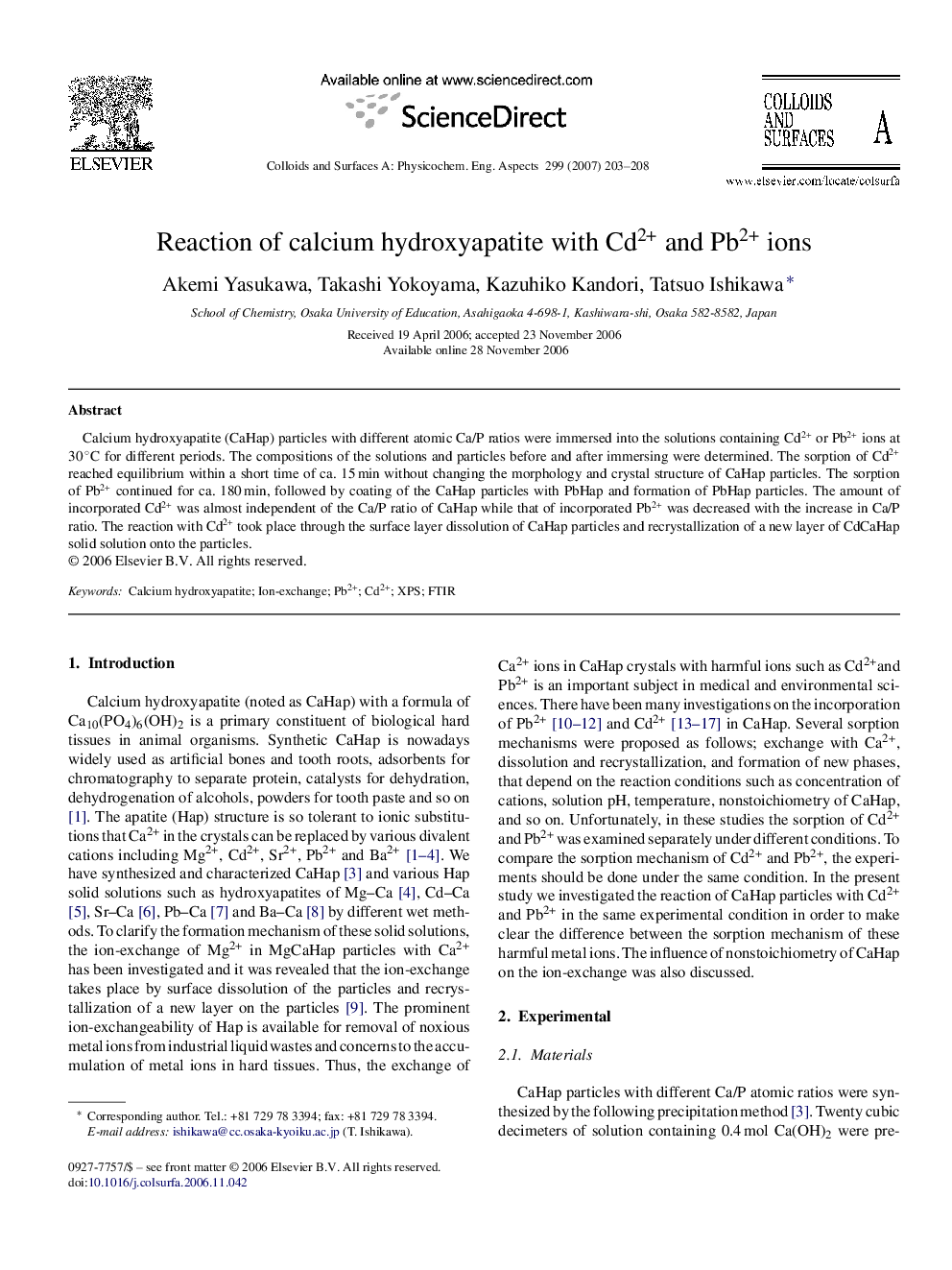 Reaction of calcium hydroxyapatite with Cd2+ and Pb2+ ions