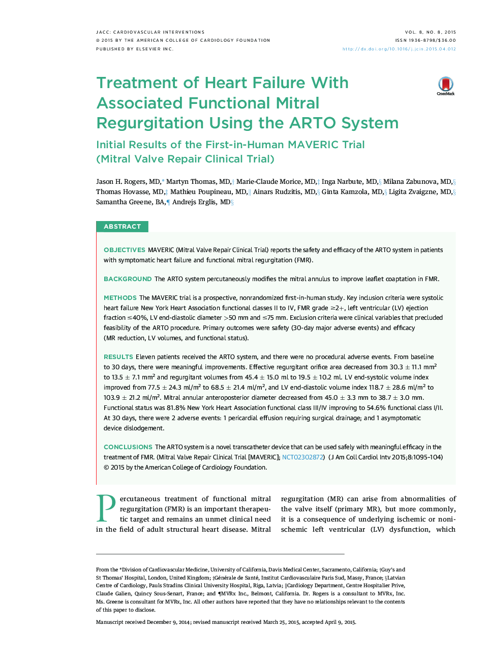 Treatment of Heart Failure With Associated Functional Mitral RegurgitationÂ Using the ARTO System: Initial Results of the First-in-Human MAVERIC Trial (Mitral Valve Repair Clinical Trial)
