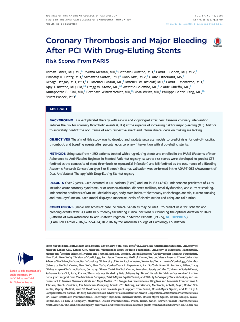 Coronary Thrombosis and Major Bleeding After PCI With Drug-Eluting Stents: Risk Scores From PARIS