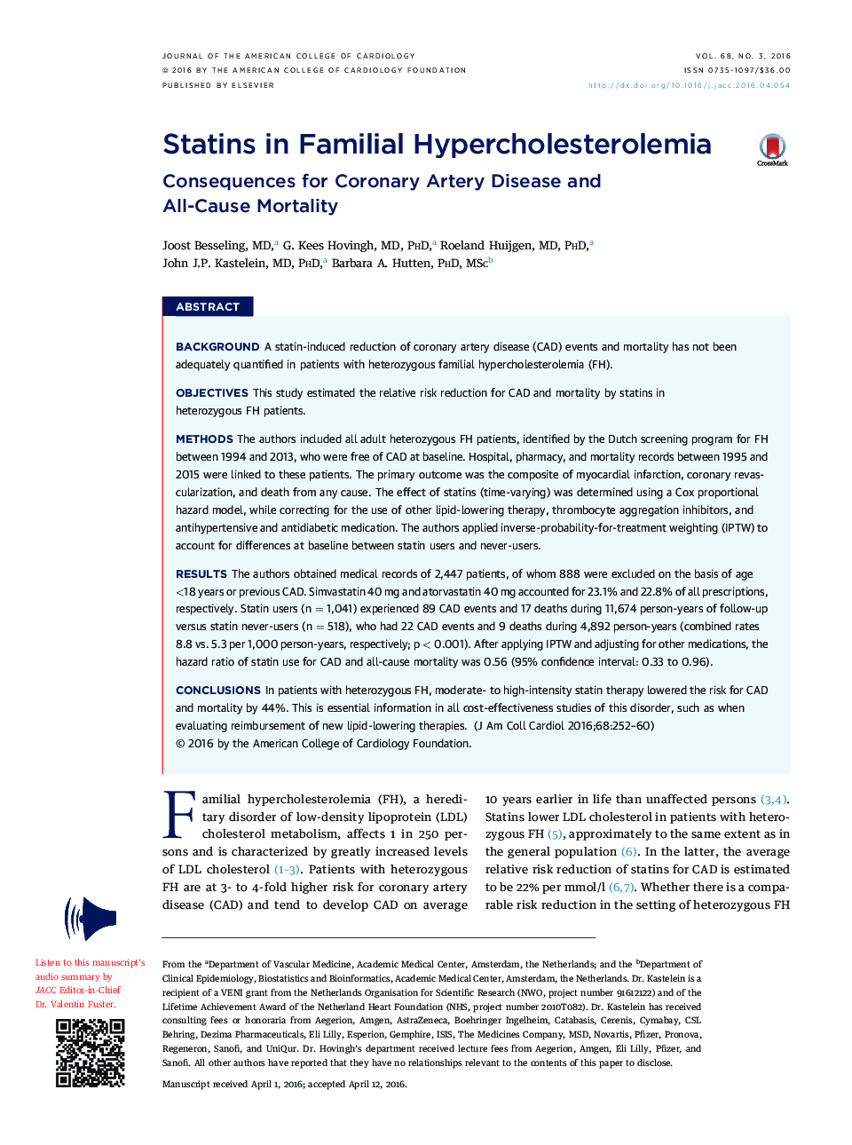 Statins in Familial Hypercholesterolemia: Consequences for Coronary Artery Disease and All-CauseÂ Mortality