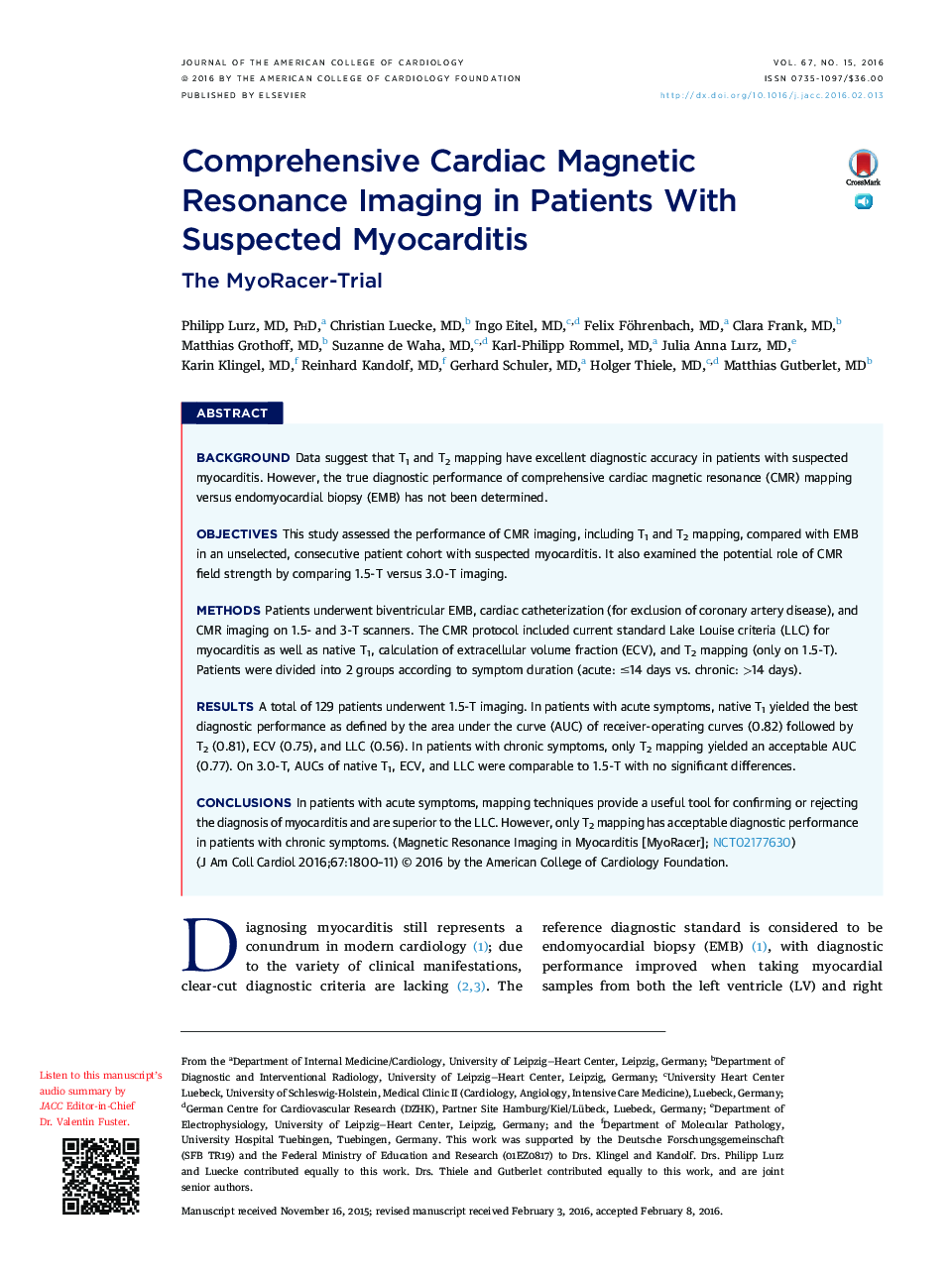 Comprehensive Cardiac Magnetic Resonance Imaging in Patients With Suspected Myocarditis: The MyoRacer-Trial