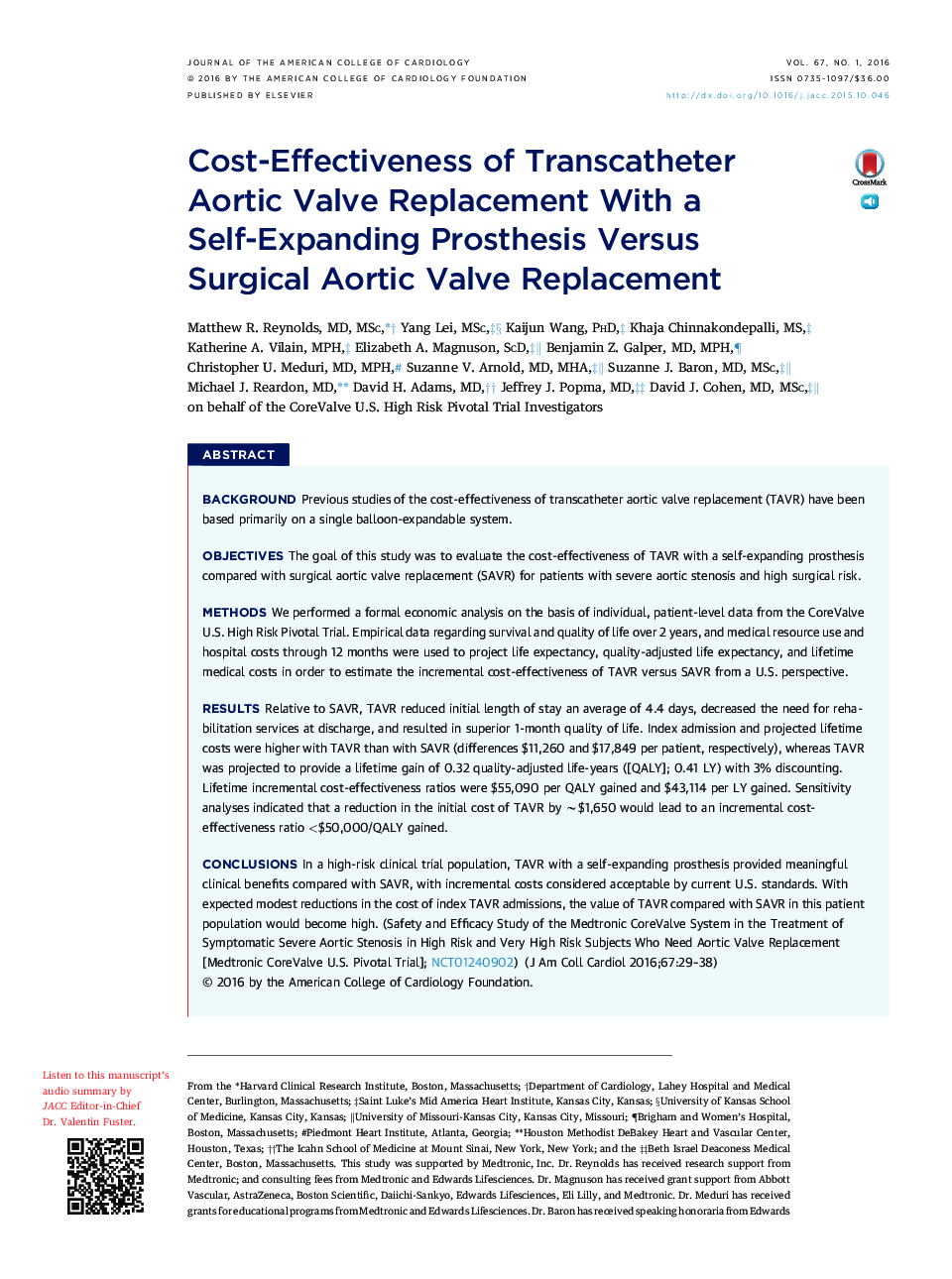 Cost-Effectiveness of Transcatheter Aortic Valve Replacement With a Self-Expanding Prosthesis Versus SurgicalÂ Aortic Valve Replacement