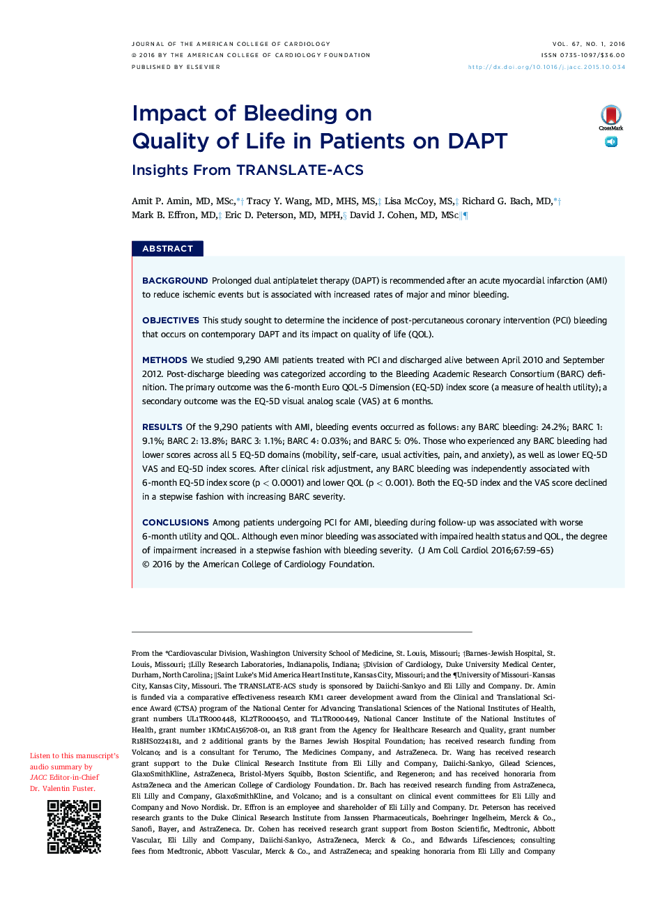 Impact of Bleeding on Quality of Life in Patients on DAPT: Insights From TRANSLATE-ACS
