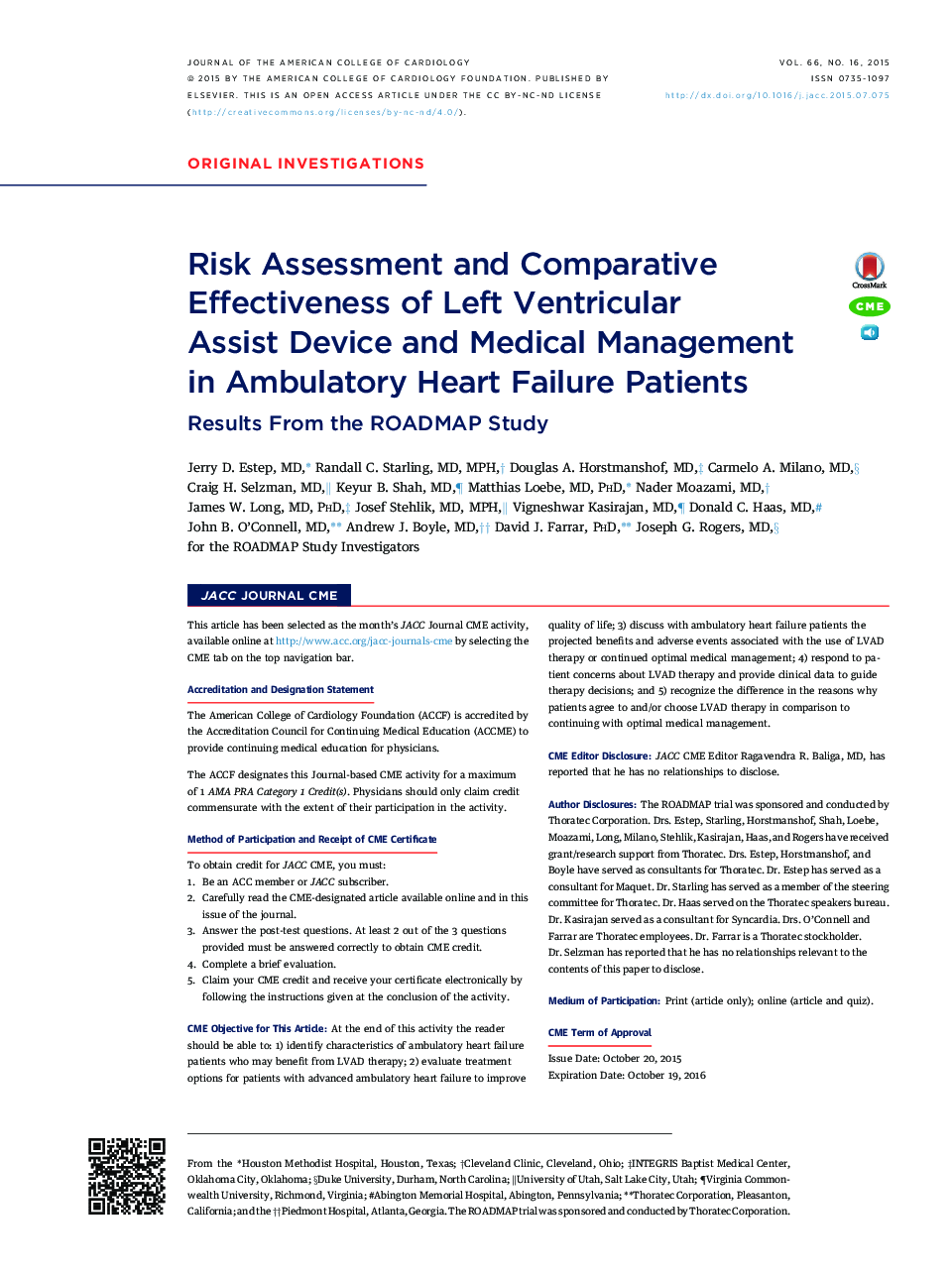 Risk Assessment and Comparative Effectiveness of Left Ventricular AssistÂ Device and Medical Management inÂ Ambulatory Heart Failure Patients: Results From the ROADMAP Study
