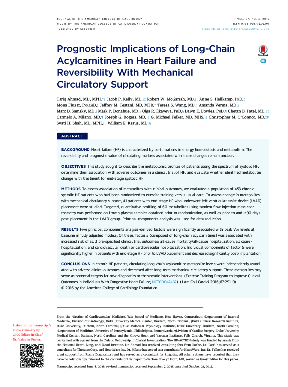 Prognostic Implications of Long-Chain Acylcarnitines in Heart Failure and Reversibility With Mechanical CirculatoryÂ Support