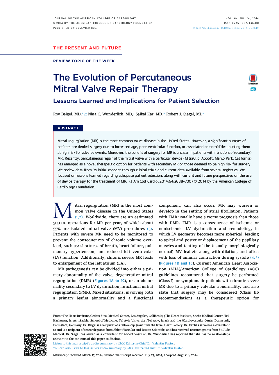 The Evolution of Percutaneous MitralÂ ValveÂ Repair Therapy: Lessons Learned and Implications for Patient Selection