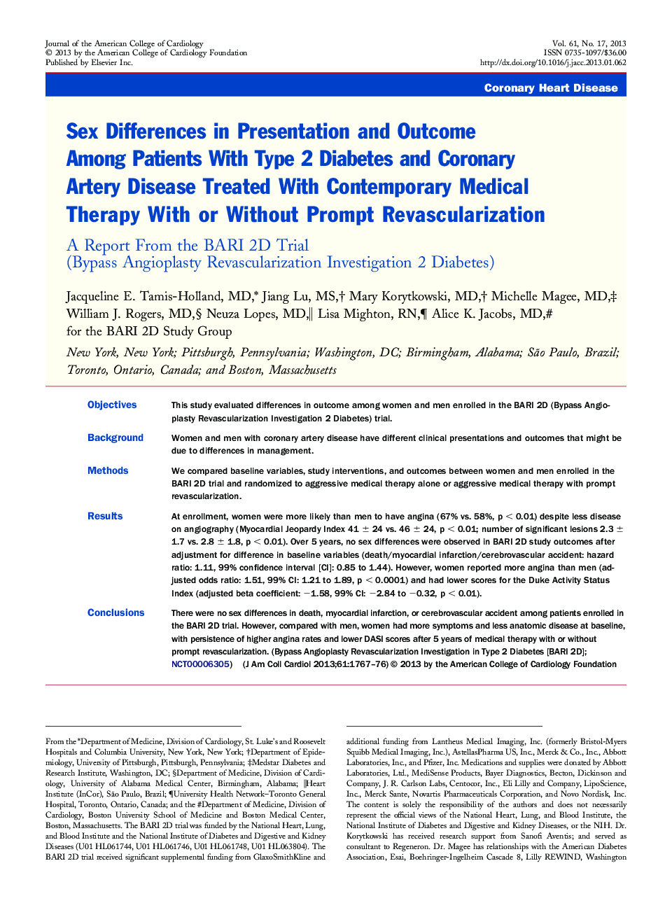 Sex Differences in Presentation and Outcome Among Patients With Type 2 Diabetes and Coronary Artery Disease Treated With Contemporary Medical Therapy With or Without Prompt Revascularization: A Report From the BARI 2D Trial (Bypass Angioplasty Revasculari