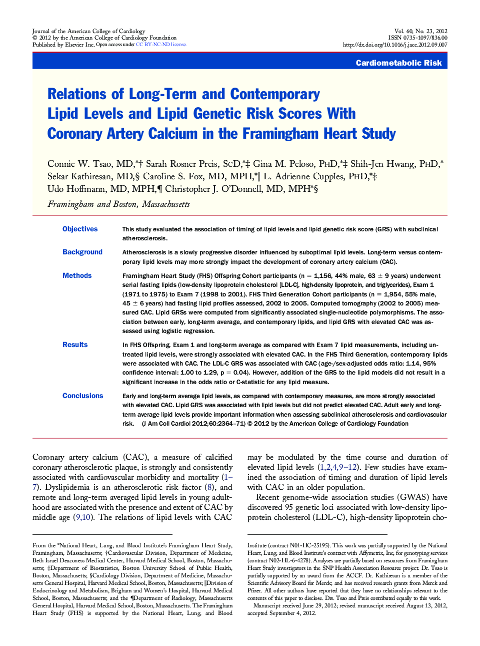 Relations of Long-Term and Contemporary Lipid Levels and Lipid Genetic Risk Scores With Coronary Artery Calcium in the Framingham Heart Study