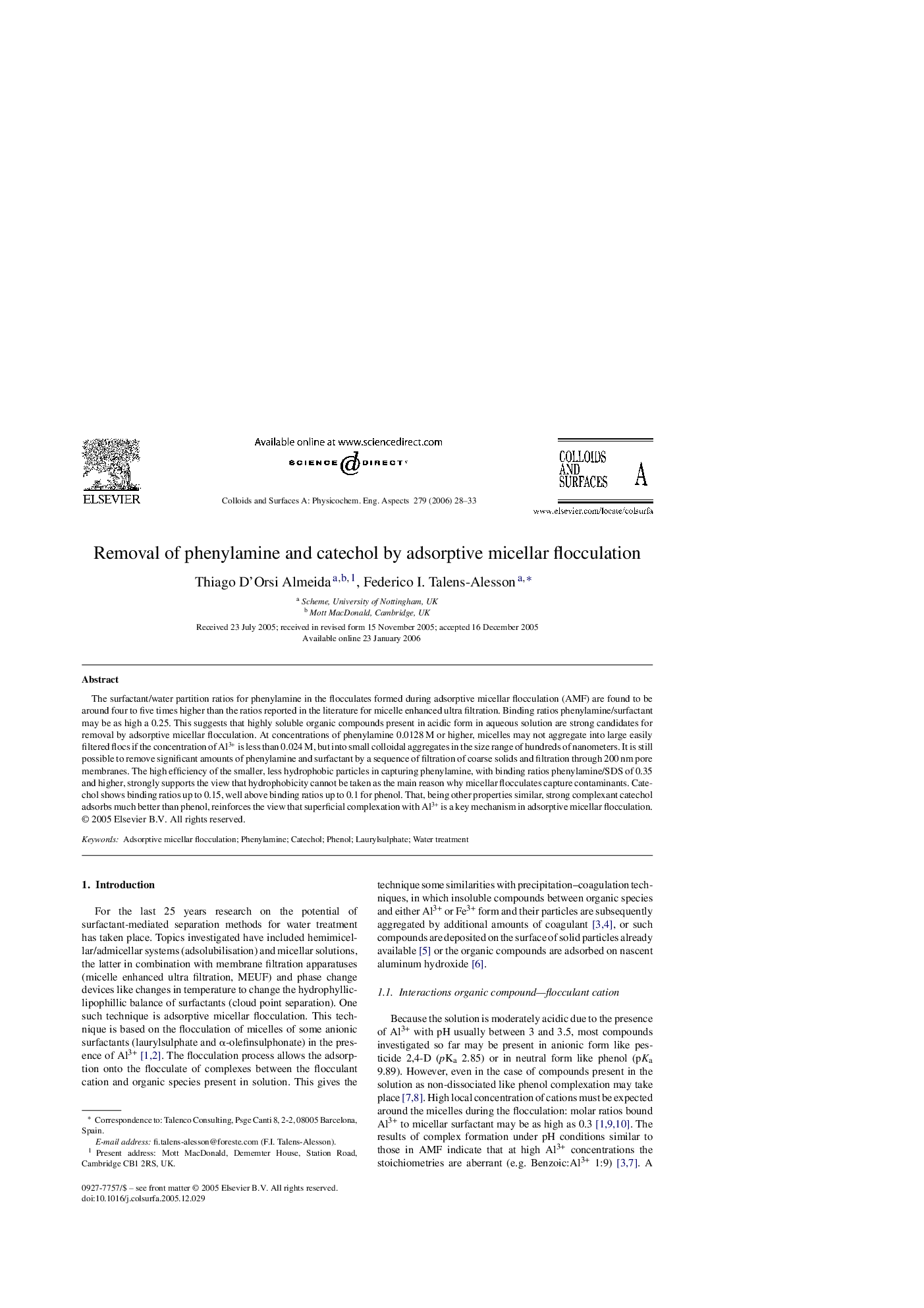 Removal of phenylamine and catechol by adsorptive micellar flocculation