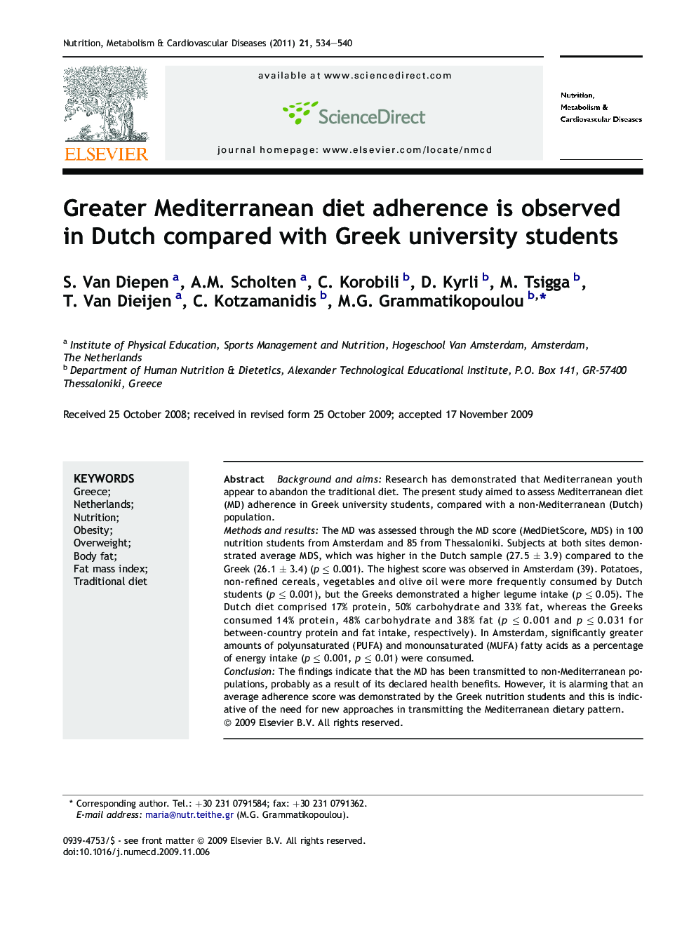Greater Mediterranean diet adherence is observed in Dutch compared with Greek university students