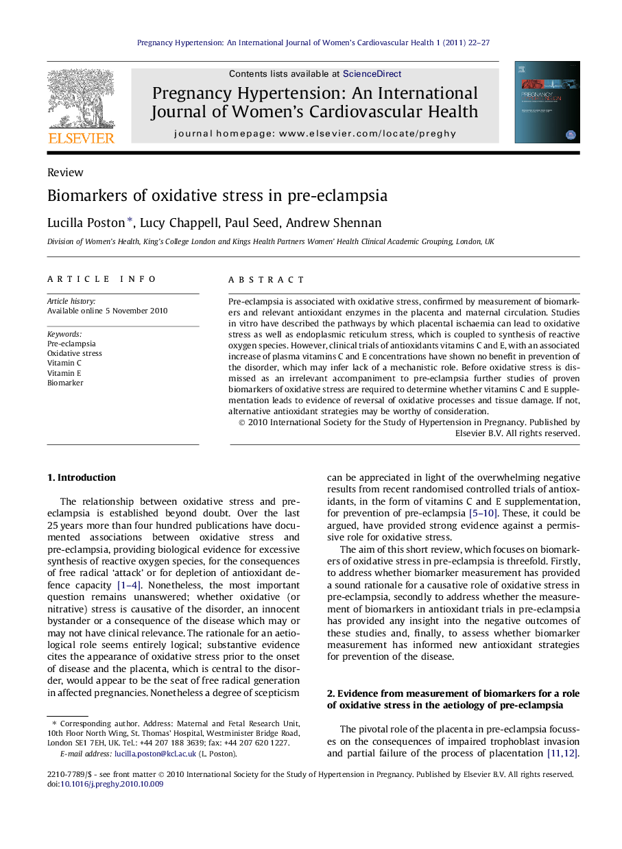 Biomarkers of oxidative stress in pre-eclampsia