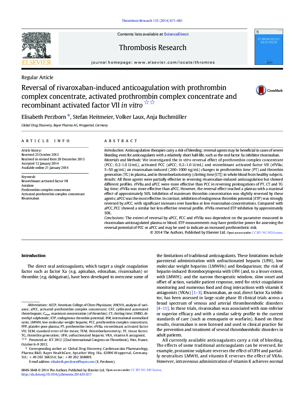 Reversal of rivaroxaban-induced anticoagulation with prothrombin complex concentrate, activated prothrombin complex concentrate and recombinant activated factor VII in vitro