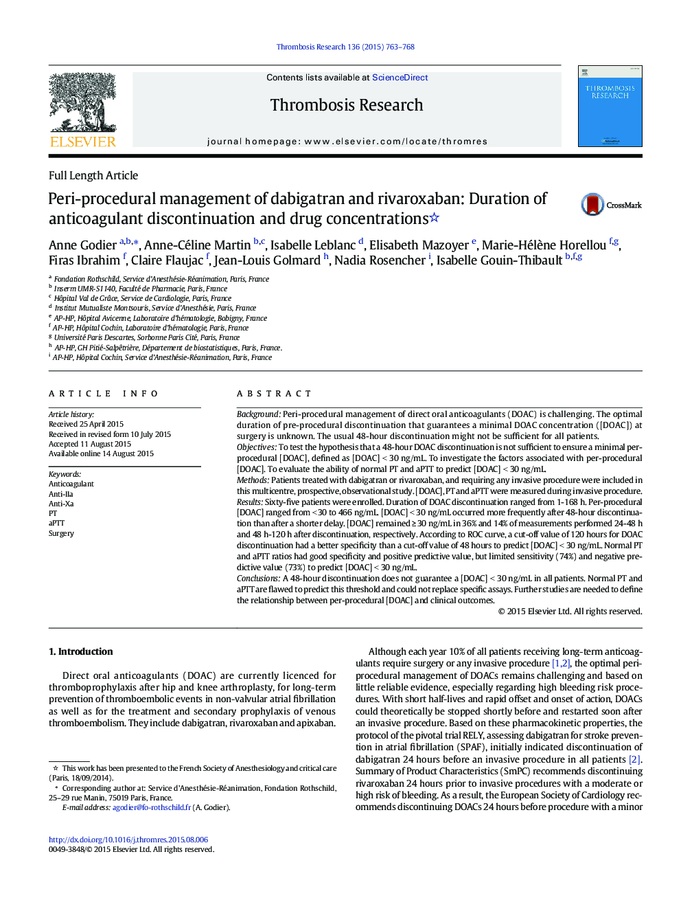 Peri-procedural management of dabigatran and rivaroxaban: Duration of anticoagulant discontinuation and drug concentrations