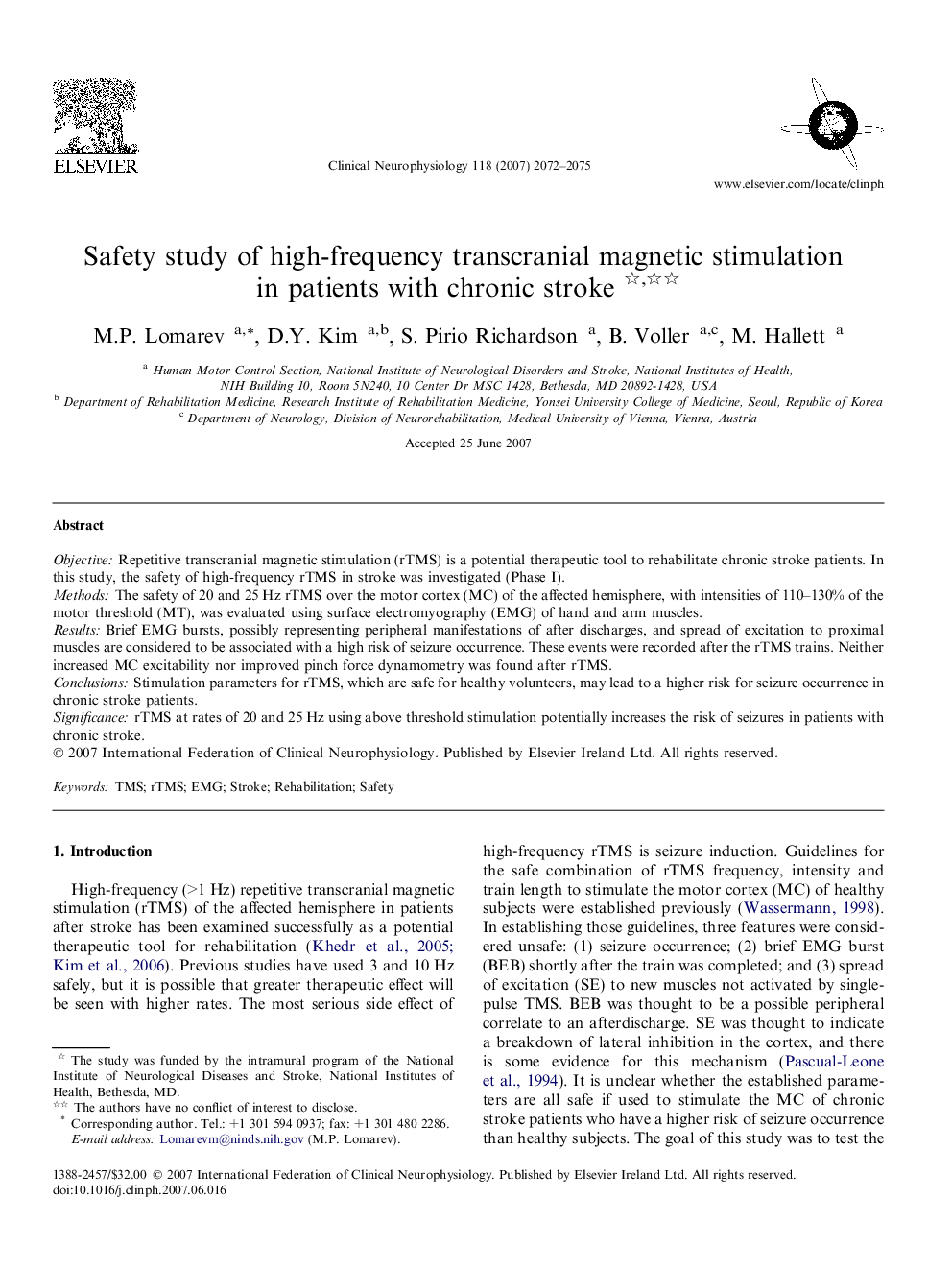 Safety study of high-frequency transcranial magnetic stimulation in patients with chronic stroke