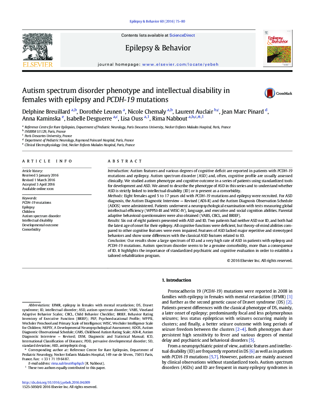 Autism spectrum disorder phenotype and intellectual disability in females with epilepsy and PCDH-19 mutations