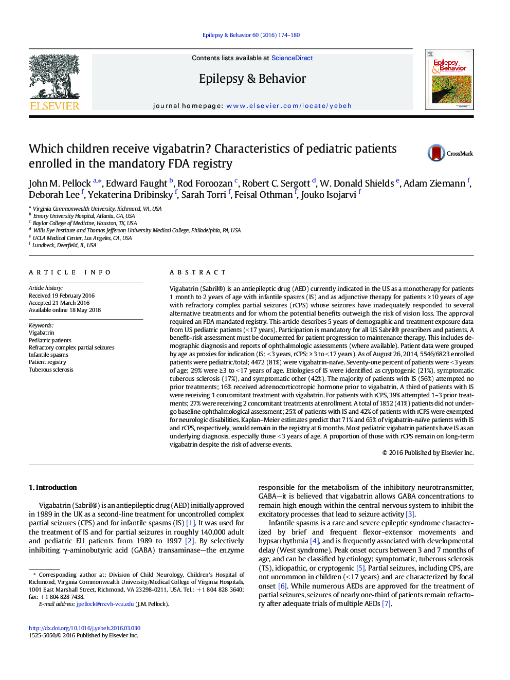 Which children receive vigabatrin? Characteristics of pediatric patients enrolled in the mandatory FDA registry