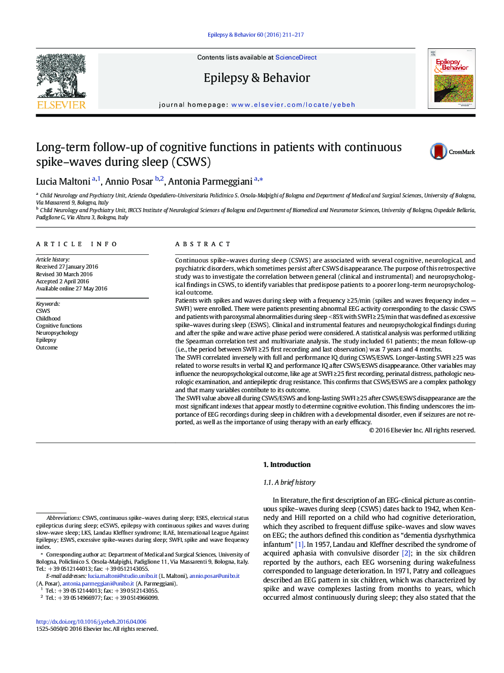 Long-term follow-up of cognitive functions in patients with continuous spike-waves during sleep (CSWS)