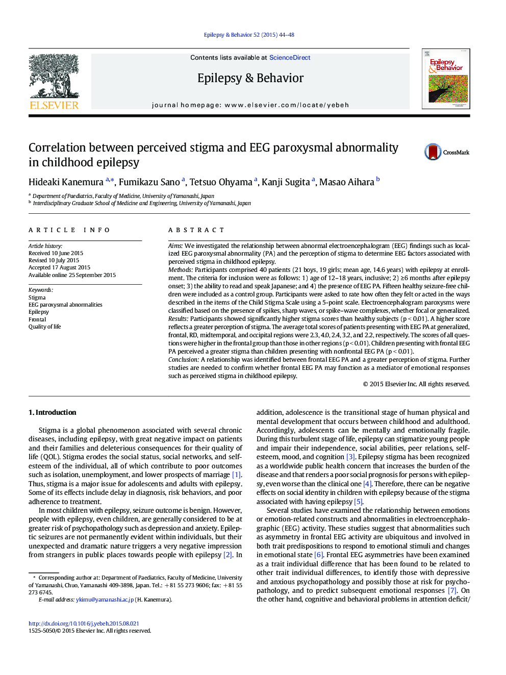 Correlation between perceived stigma and EEG paroxysmal abnormality in childhood epilepsy