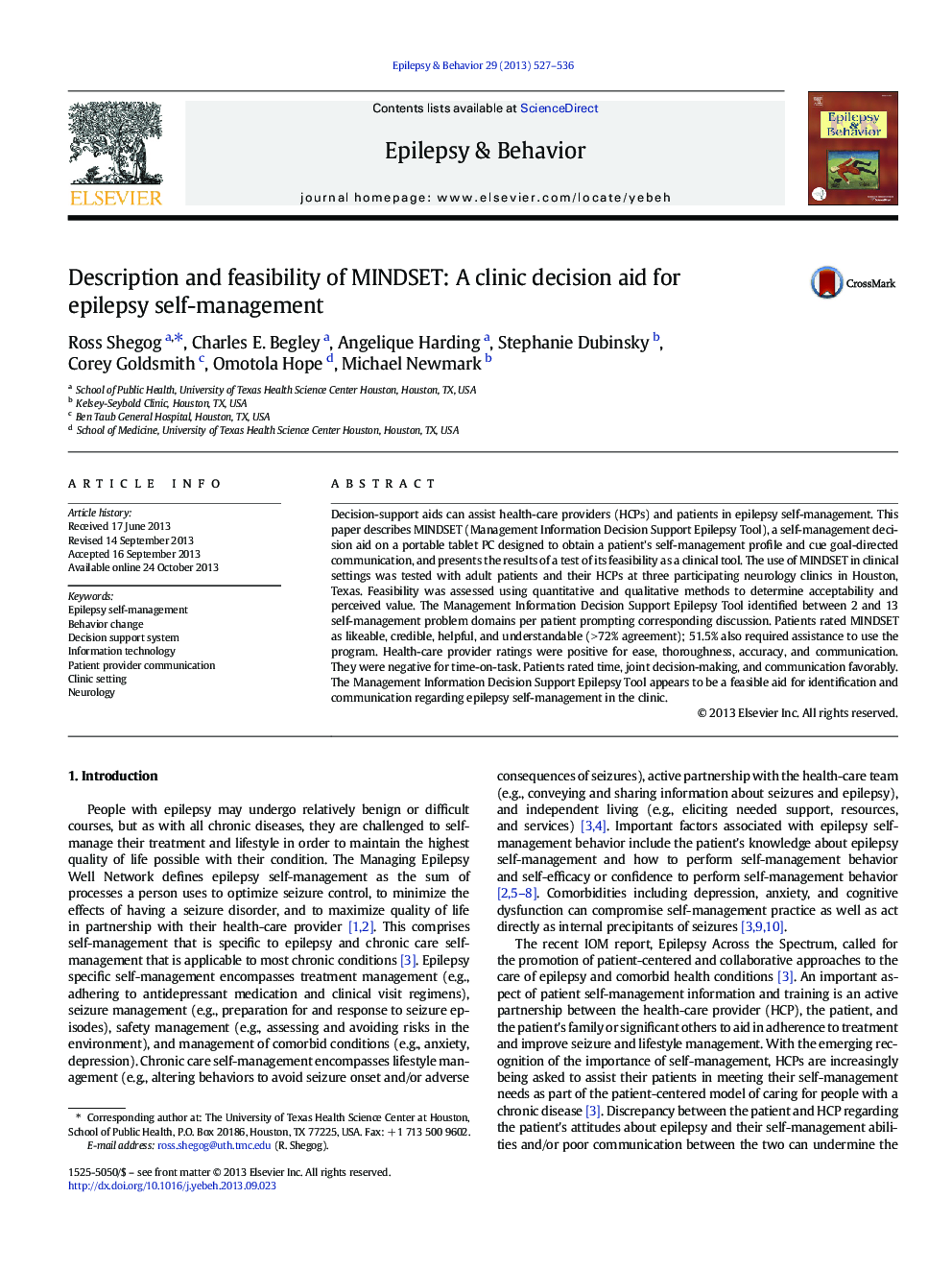 Description and feasibility of MINDSET: A clinic decision aid for epilepsy self-management