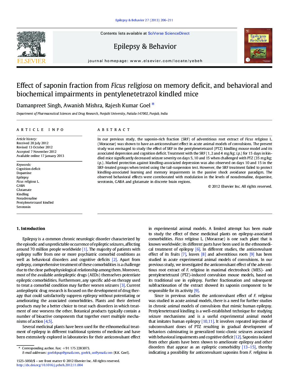 Effect of saponin fraction from Ficus religiosa on memory deficit, and behavioral and biochemical impairments in pentylenetetrazol kindled mice