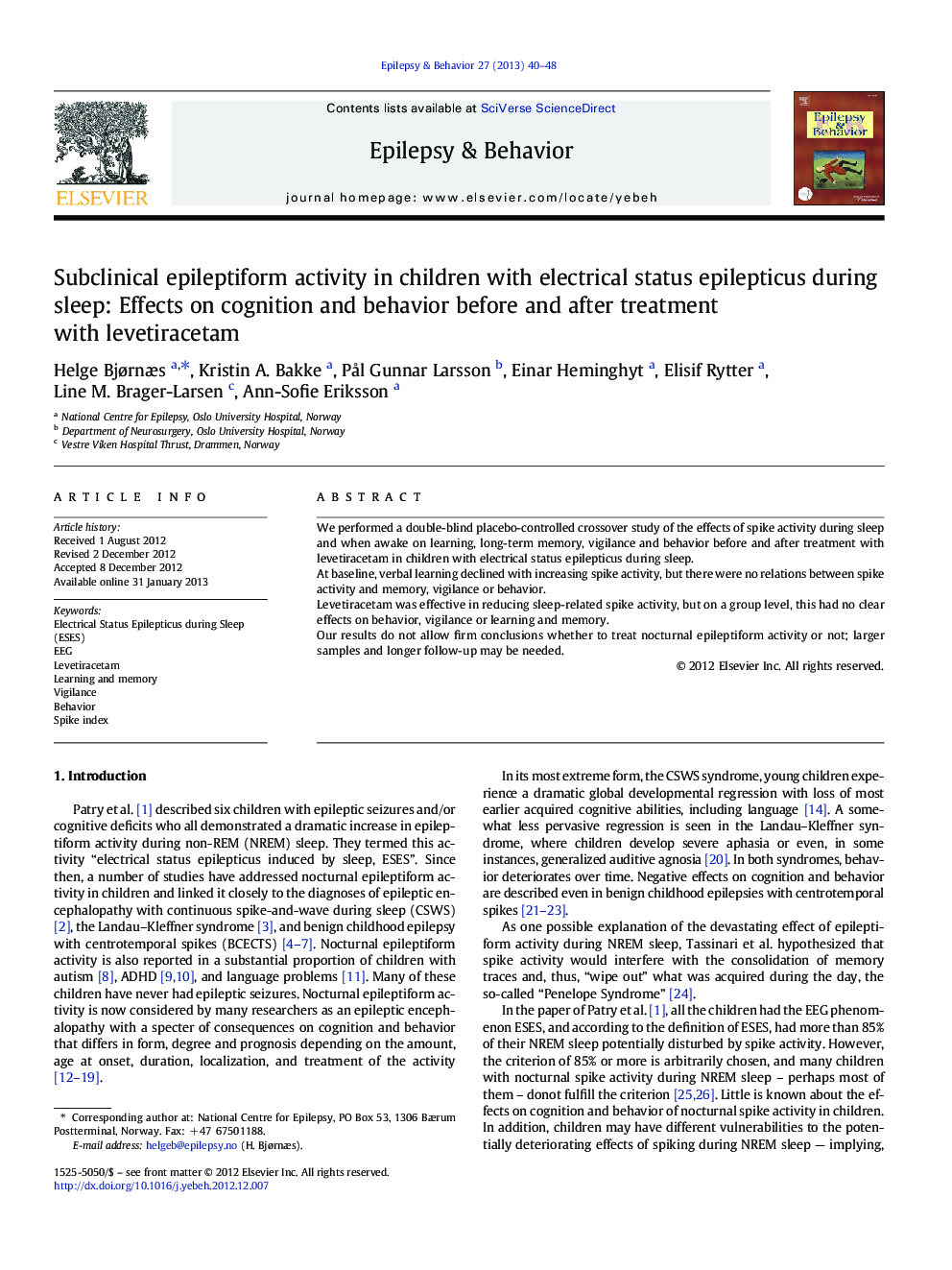 فعالیت اپیلتیمتریک زیربنینی در کودکان مبتلا به صرع الکلی وضعیت خواب در طول خواب: تأثیر در شناخت و رفتار قبل و بعد از درمان با لئوتیترازکتام 