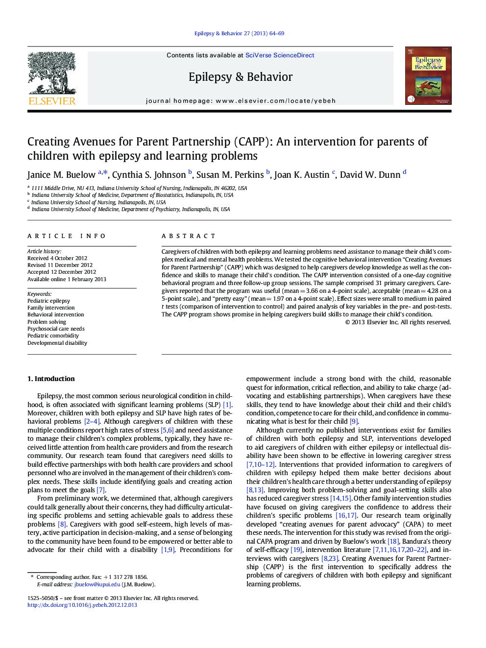 Creating Avenues for Parent Partnership (CAPP): An intervention for parents of children with epilepsy and learning problems