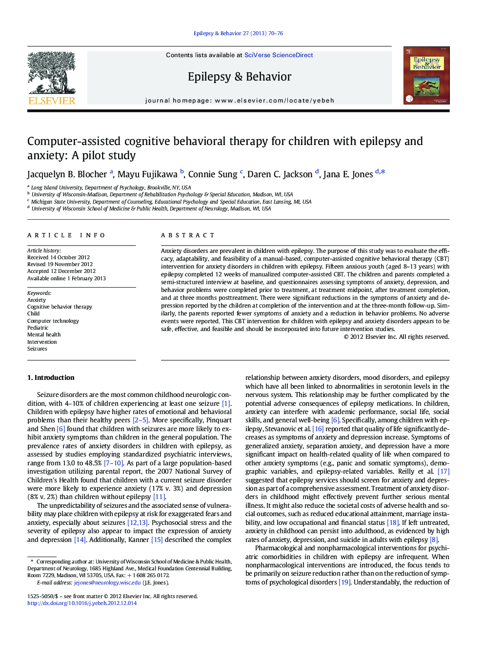 درمان شناختی رفتاری با کمک کامپیوتر برای کودکان مبتلا به صرع و اضطراب: یک مطالعه آزمایشی 