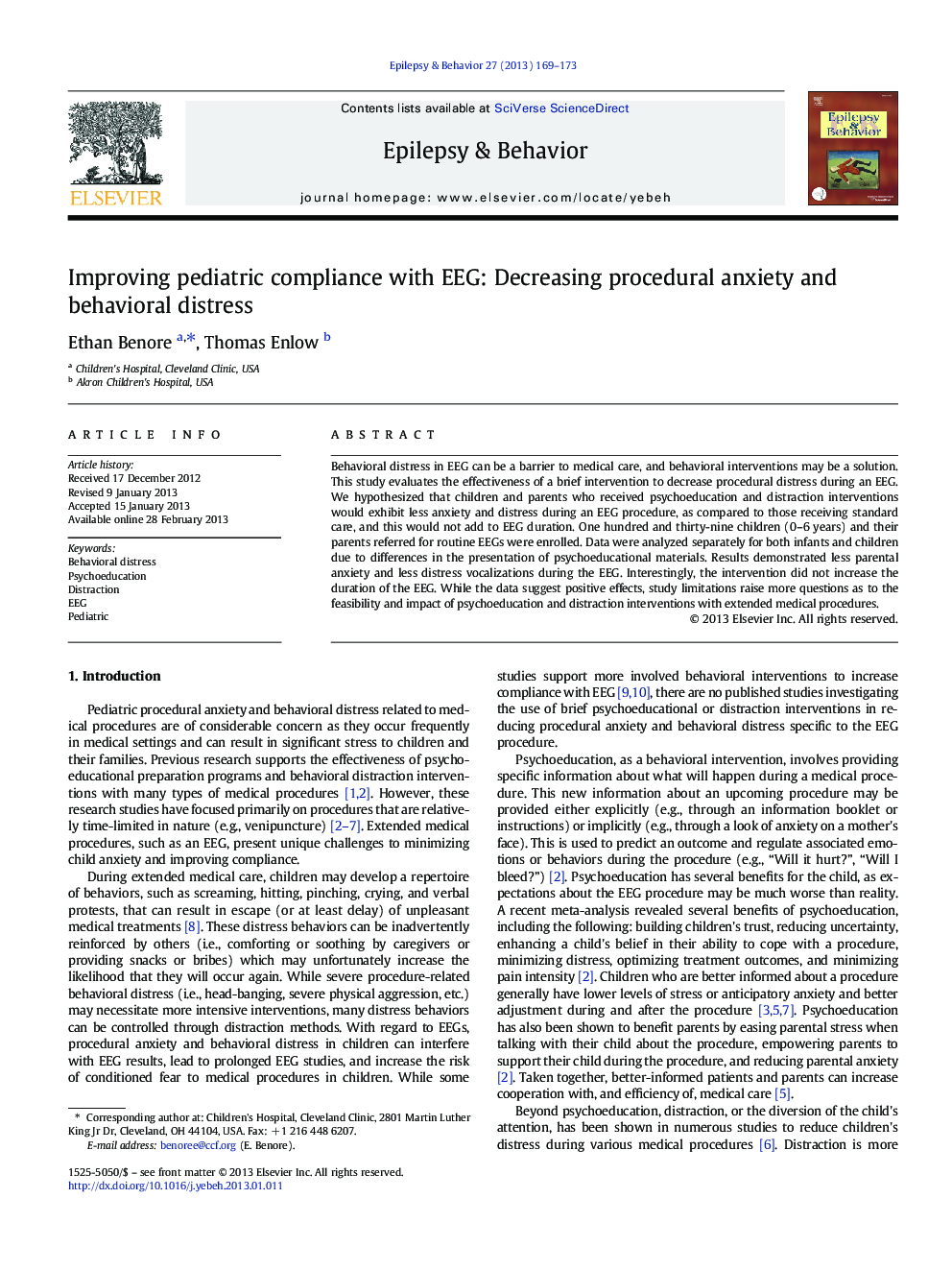 Improving pediatric compliance with EEG: Decreasing procedural anxiety and behavioral distress