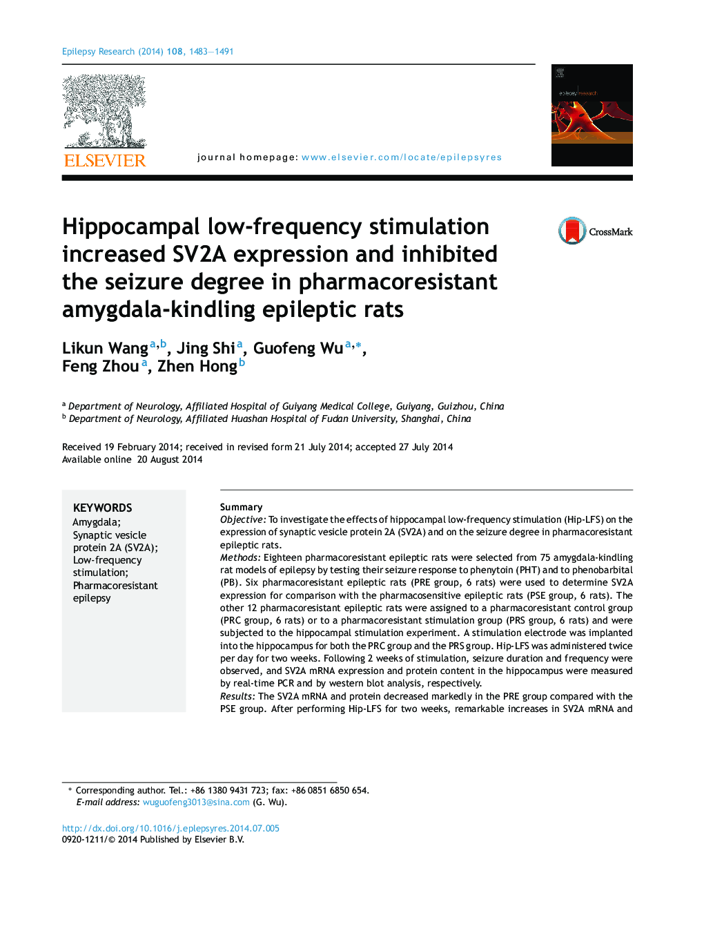 Hippocampal low-frequency stimulation increased SV2A expression and inhibited the seizure degree in pharmacoresistant amygdala-kindling epileptic rats