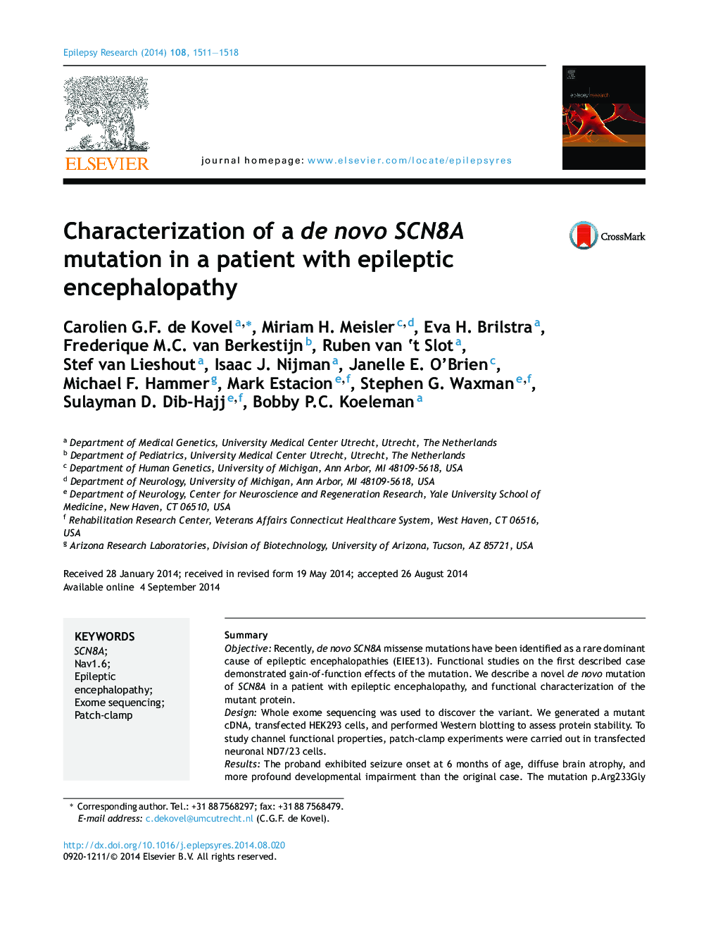Characterization of a de novo SCN8A mutation in a patient with epileptic encephalopathy