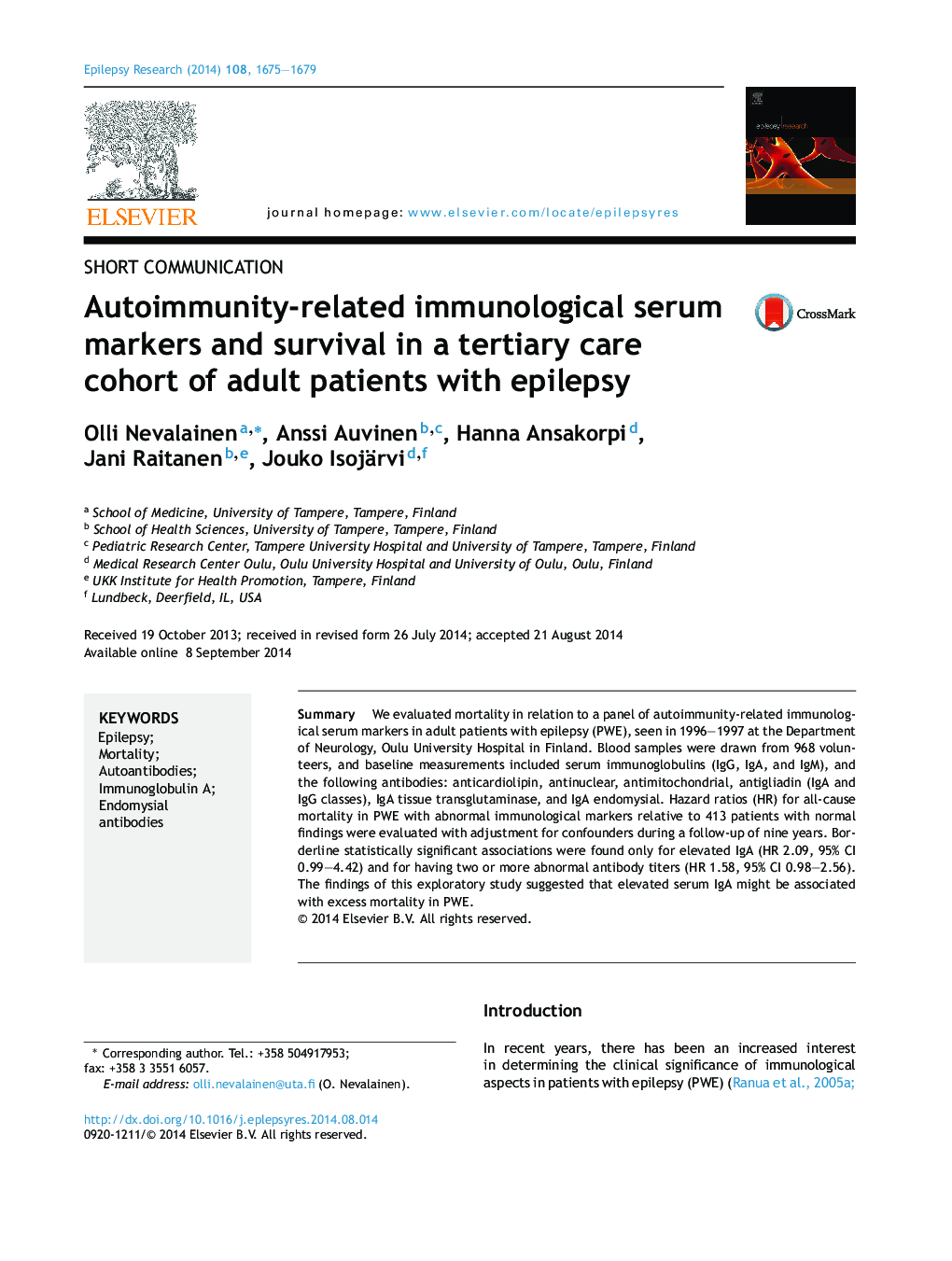 Autoimmunity-related immunological serum markers and survival in a tertiary care cohort of adult patients with epilepsy