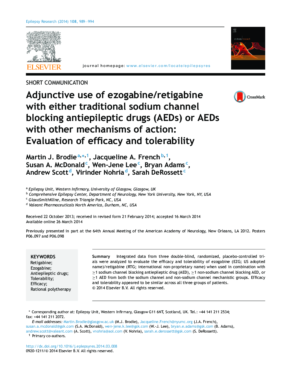 Short communicationAdjunctive use of ezogabine/retigabine with either traditional sodium channel blocking antiepileptic drugs (AEDs) or AEDs with other mechanisms of action: Evaluation of efficacy and tolerability