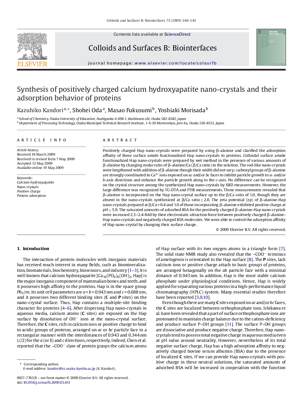 Synthesis of positively charged calcium hydroxyapatite nano-crystals and their adsorption behavior of proteins