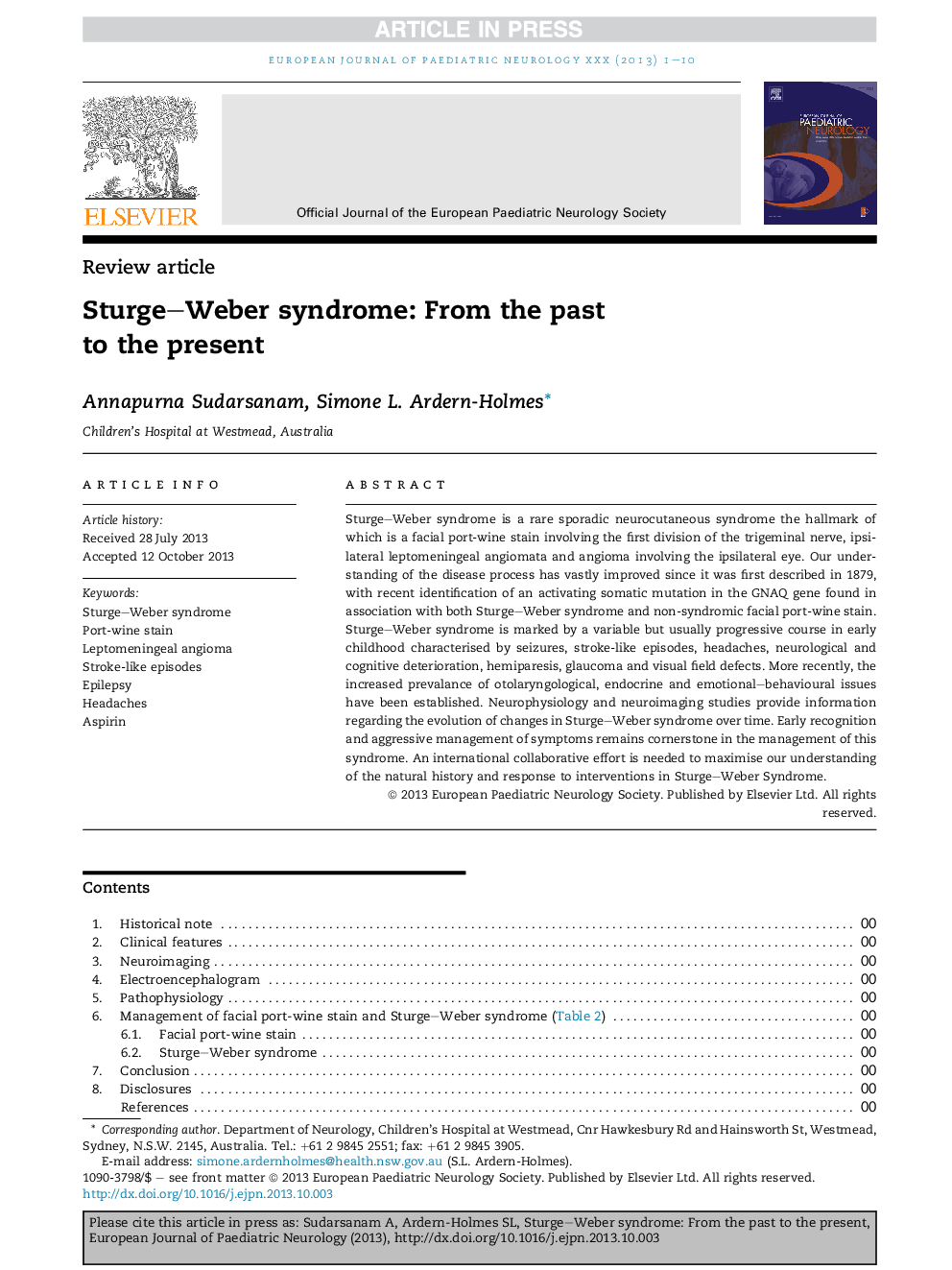 Sturge-Weber syndrome: From the past to the present