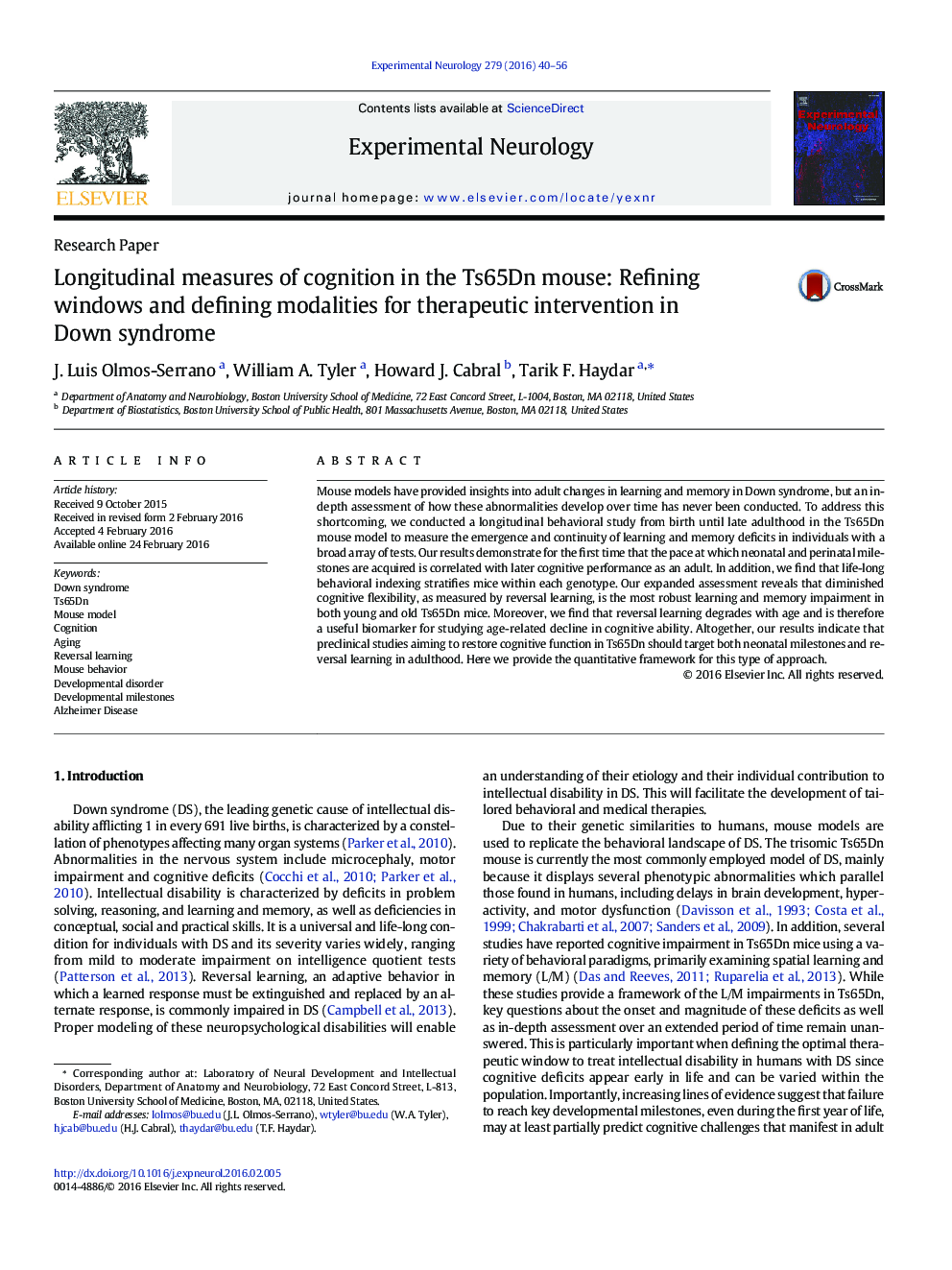 Research PaperLongitudinal measures of cognition in the Ts65Dn mouse: Refining windows and defining modalities for therapeutic intervention in Down syndrome