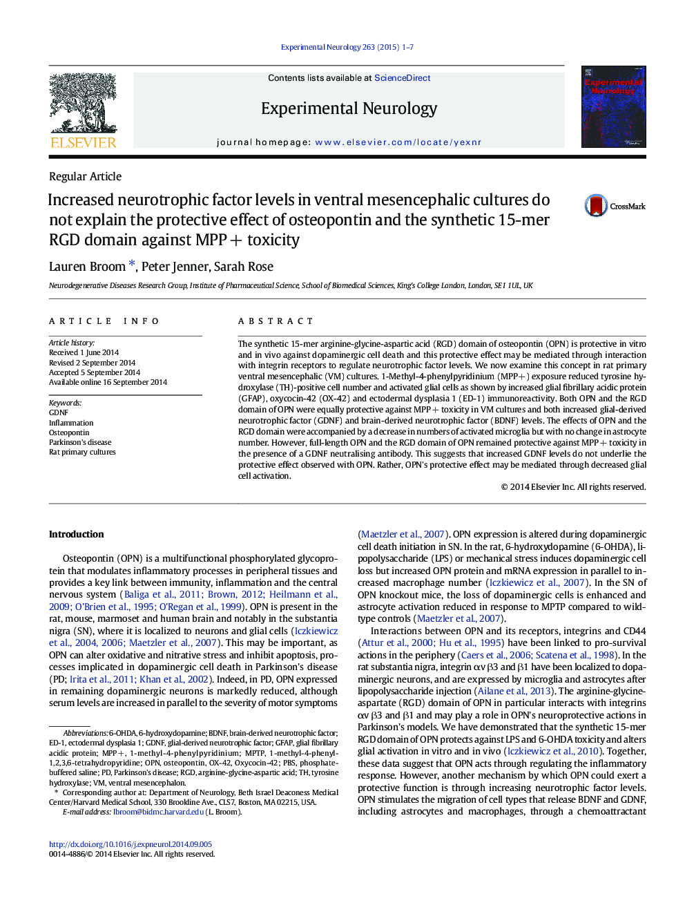 Increased neurotrophic factor levels in ventral mesencephalic cultures do not explain the protective effect of osteopontin and the synthetic 15-mer RGD domain against MPPÂ + toxicity