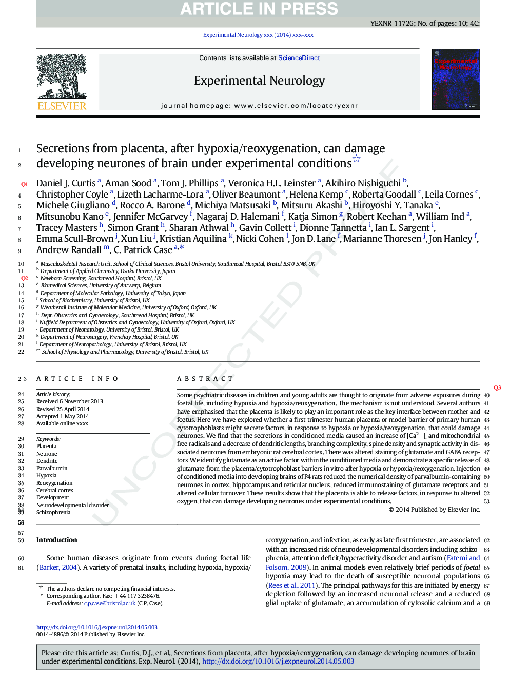 Secretions from placenta, after hypoxia/reoxygenation, can damage developing neurones of brain under experimental conditions