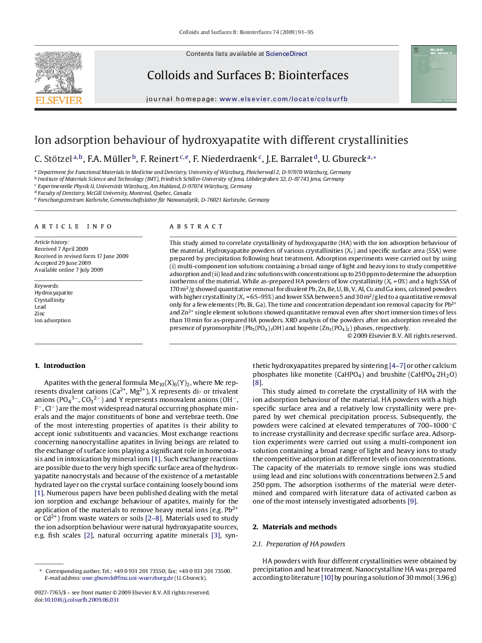 Ion adsorption behaviour of hydroxyapatite with different crystallinities