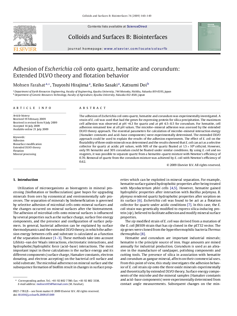 Adhesion of Escherichia coli onto quartz, hematite and corundum: Extended DLVO theory and flotation behavior