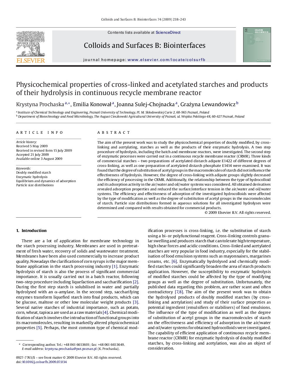 Physicochemical properties of cross-linked and acetylated starches and products of their hydrolysis in continuous recycle membrane reactor