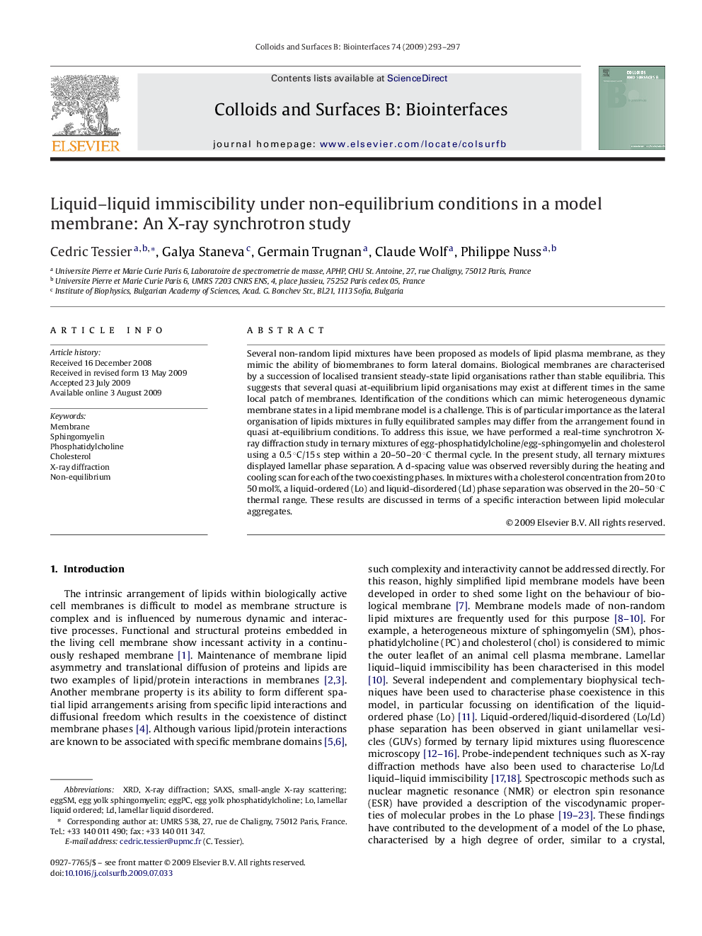 Liquid–liquid immiscibility under non-equilibrium conditions in a model membrane: An X-ray synchrotron study