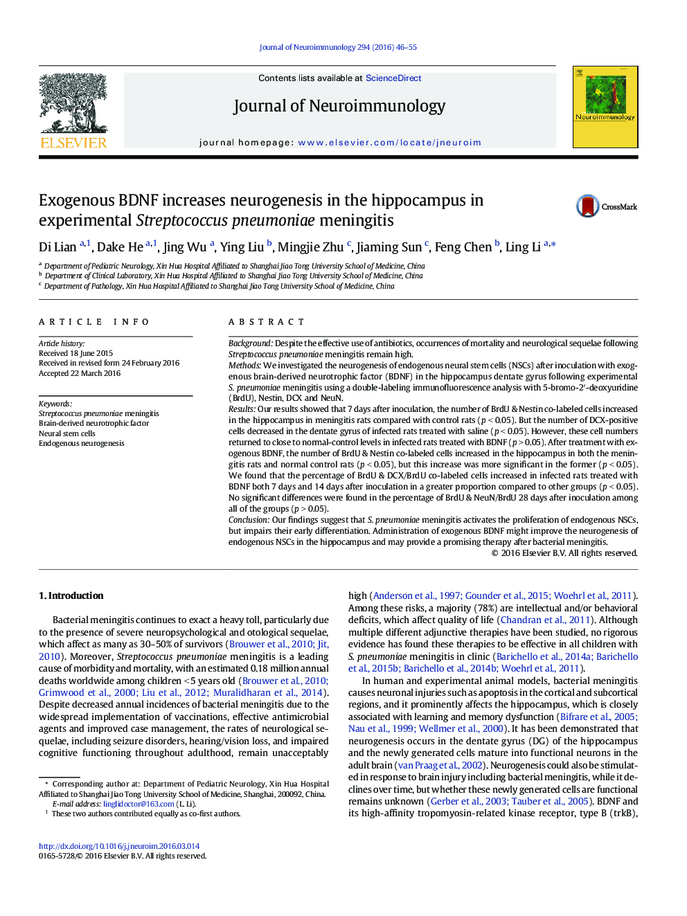 Exogenous BDNF increases neurogenesis in the hippocampus in experimental Streptococcus pneumoniae meningitis