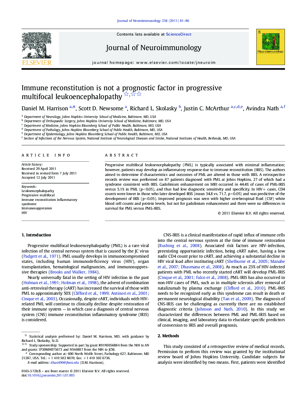 Immune reconstitution is not a prognostic factor in progressive multifocal leukoencephalopathy