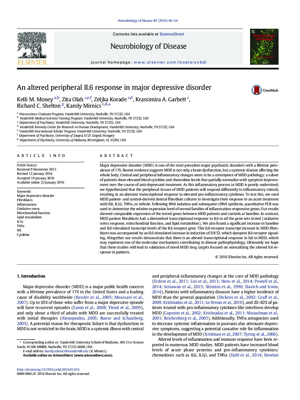 An altered peripheral IL6 response in major depressive disorder