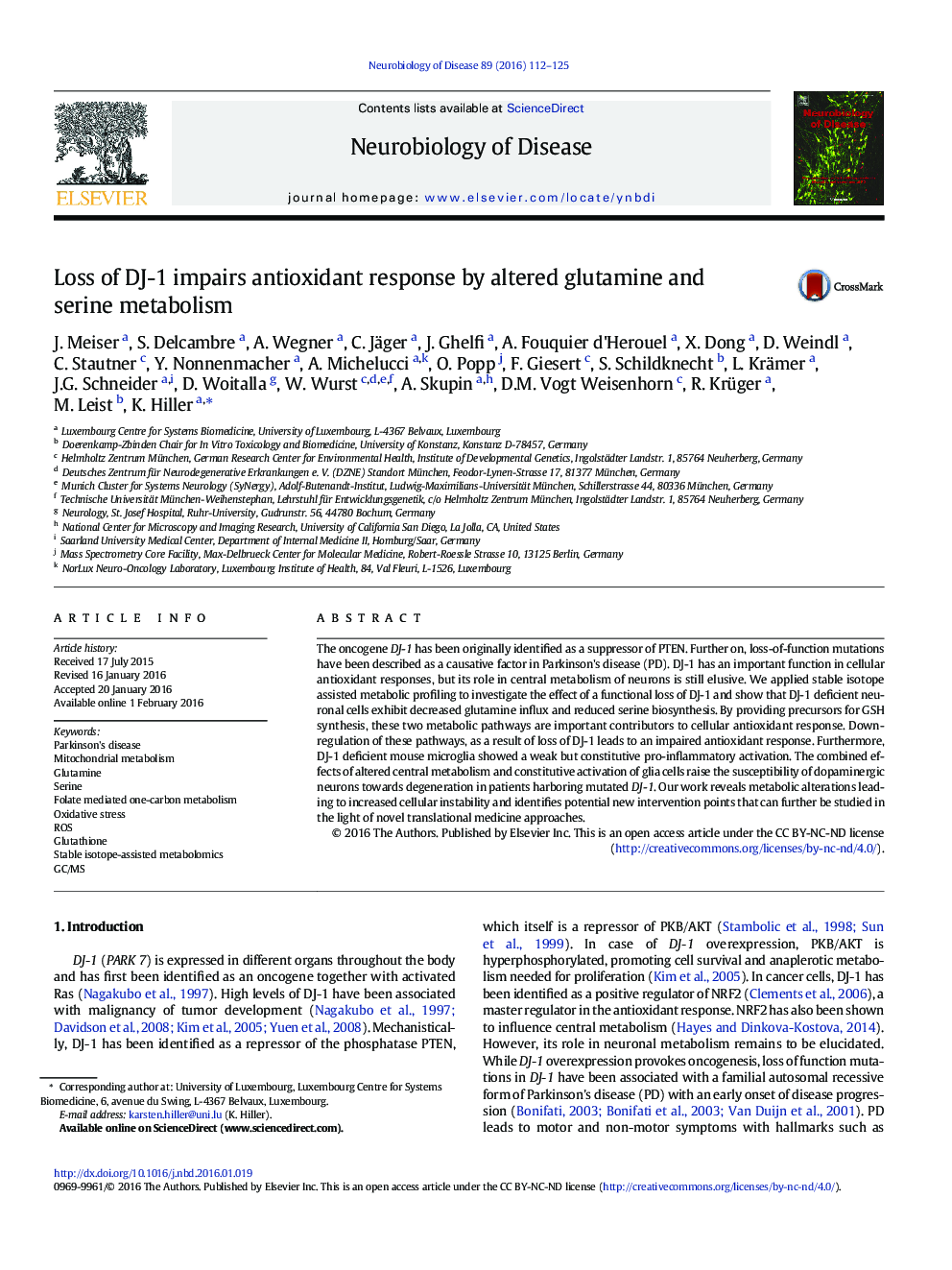 Loss of DJ-1 impairs antioxidant response by altered glutamine and serine metabolism