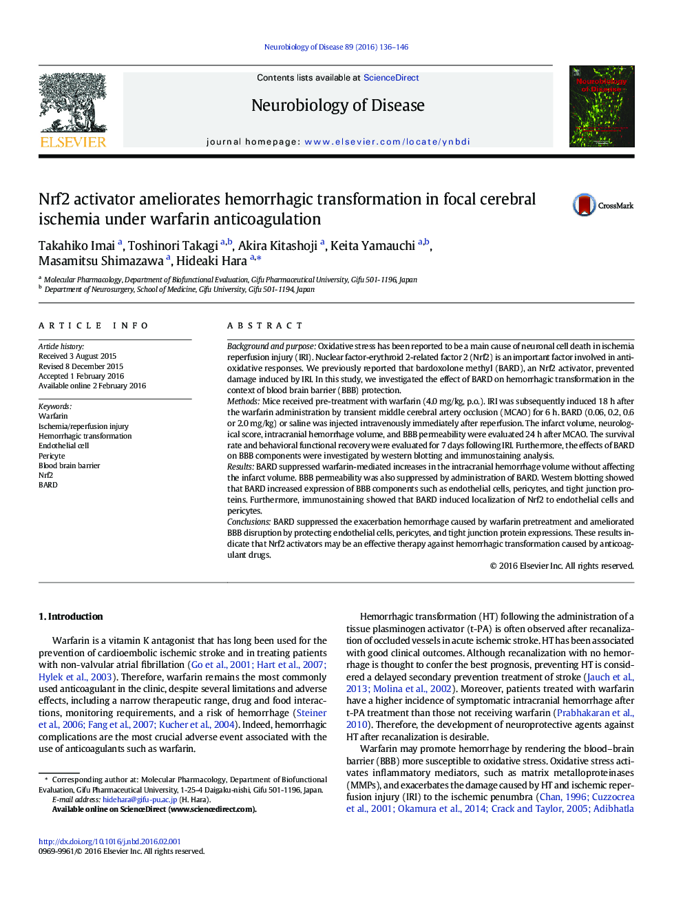 Nrf2 activator ameliorates hemorrhagic transformation in focal cerebral ischemia under warfarin anticoagulation