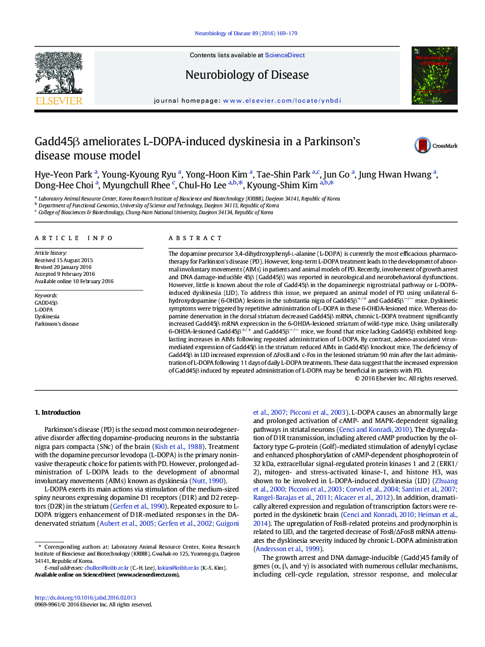 Gadd45Î² ameliorates L-DOPA-induced dyskinesia in a Parkinson's disease mouse model